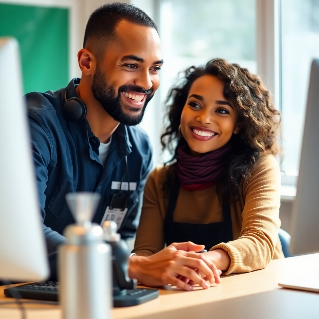 An image showing a satisfied customer smiling while interacting with a technician. The computer in the foreground should be in good working order. The background should be slightly blurred to keep the focus on the interaction.  A warm and inviting color palette, natural lighting, and a friendly atmosphere should be depicted.