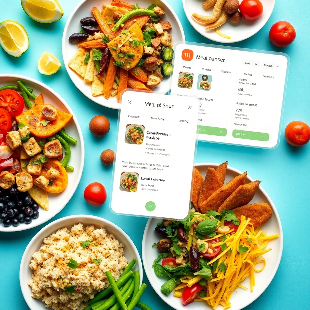 An image that combines a photorealistic spread of healthy, delicious-looking meals with digitally overlaid recipe cards or a meal planner interface. The goal is to create a seamless blend of visual appeal (the food) and practicality (the meal plan).   The color palette should be vibrant and appetizing, while maintaining a clean and organized look.  A high level of detail is necessary, both in terms of food photography and the digital elements.