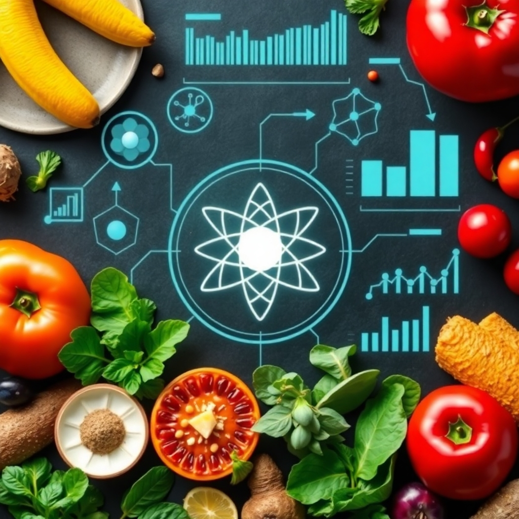 An image with a mix of photorealistic elements (e.g., healthy food items) and stylized elements (e.g., scientific diagrams, charts, and graphs) seamlessly integrated to visually represent the scientific foundation of our approach.  High contrast, sharpness, and clarity in the image are essential. The color palette should include a combination of bright, healthy colors and more muted scientific shades.  The overall style should blend the organic aspects of food with the technical aspects of scientific research.