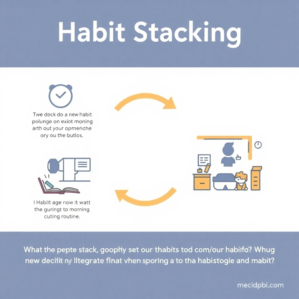 An infographic depicting the process of habit stacking, demonstrating how a new habit can be effectively integrated into an existing morning routine. Use a simple and engaging design to easily show the process.