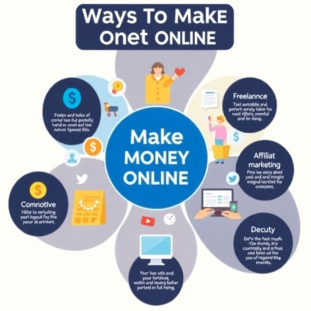 An infographic-style image showcasing different ways to make money online, using relevant and engaging icons representing freelancing, affiliate marketing, and e-commerce. The design should be clean and easy to understand, emphasizing variety and potential.