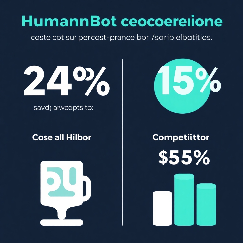 An infographic style image with two columns—one for HumanBot showing cost savings, and another for competitors with higher costs. Use a clean design with clear data visualization to demonstrate cost-effectiveness.