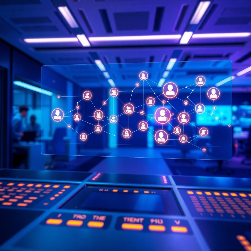 An ultra-detailed 8K image, hyperrealistic in style, depicting a futuristic, sleek control center. The main focus is on a holographic projection displaying a communication network with multiple nodes representing individual leads, each glowing with varying intensities indicating engagement levels. The color palette uses cool blues and purples, mixed with accents of warm orange representing successful connections. The lighting is a combination of soft ambient light and strategically placed spotlights, emphasizing the holographic projection. The camera angle is slightly low, looking up at the holographic display, suggesting awe and advanced technology. The textures are meticulously rendered, showcasing smooth glass surfaces, glowing holographic elements, and the subtle texture of the metallic control panels.  The background includes blurred elements of futuristic office space with subtle technological elements, conveying a sense of cutting-edge technology.  The style should evoke a feeling similar to the imagery seen in science fiction films focusing on advanced communication technology, but maintaining a clean, professional aesthetic. The overall mood is one of high-tech efficiency and seamless communication.