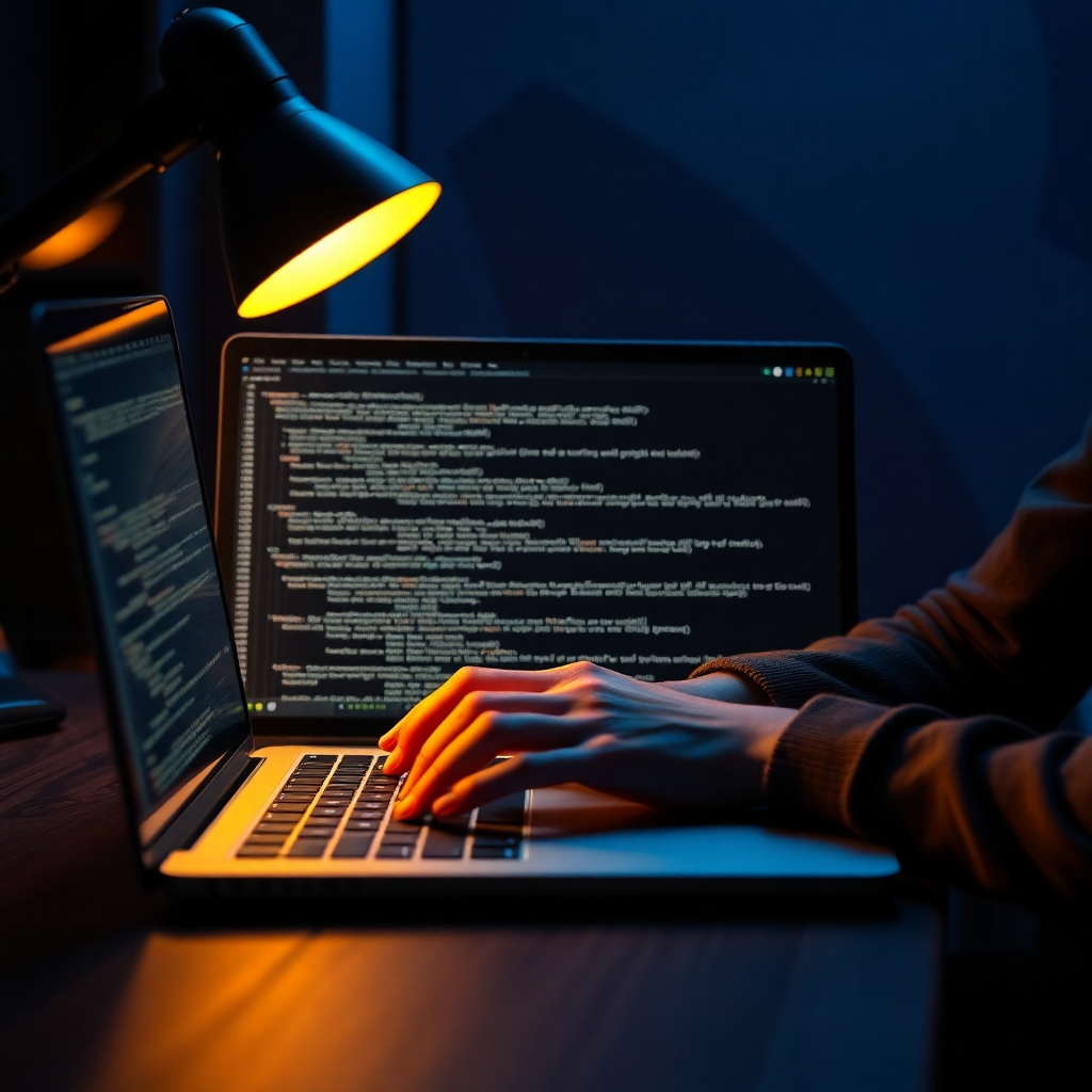 An ultra-detailed, hyperrealistic image (8K resolution) showing a focused individual hunched over a laptop, immersed in lines of code.  The scene is set in a dimly lit, modern workspace with a warm, inviting atmosphere.  The lighting is a combination of soft ambient lighting and a focused desk lamp illuminating the laptop screen and the coder's hands.  The color palette should be rich and dark, using deep blues and purples in the background, contrasted by the warm yellow glow emanating from the laptop screen.  The laptop's screen should clearly display snippets of clean, well-commented code in HTML, CSS, and JavaScript.  The coder's hands should be captured with exquisite detail, showcasing the texture of their skin and the movement of their fingers across the keyboard.  The background should include abstract geometric shapes and textures, hinting at the complexity of web development.  The camera angle should be a close-up, focusing intently on the coder's hands and the code on the screen, creating a sense of immersion and concentration.  The textures should be highly realistic, showcasing the subtle reflections on the keys, the matte finish of the laptop, and the soft texture of the coder's clothing.  The style should be reminiscent of high-end fashion photography, focusing on the subtle details and textures. The image should feel professional yet approachable, suggesting skill and ease.