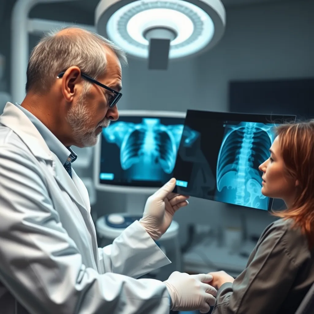 An ultra-detailed image depicting a doctor meticulously examining a patient's X-ray. The scene is set in a modern and well-equipped examination room with medical equipment, including a digital X-ray viewer. The lighting is focused and bright, highlighting the doctor's concentration and the intricate details of the X-ray.  The doctor is wearing a white coat and gloves, conveying professionalism and precision. The X-ray image is displayed prominently, showcasing clear and detailed anatomical structures. The patient is seated nearby, looking at the doctor with concern and trust. The background should be a subtle blur, drawing attention to the doctor and the X-ray. The overall mood is one of professional expertise, advanced technology, and hope for recovery. The image should be in the style of a renowned medical illustrator, emphasizing anatomical accuracy and clarity.