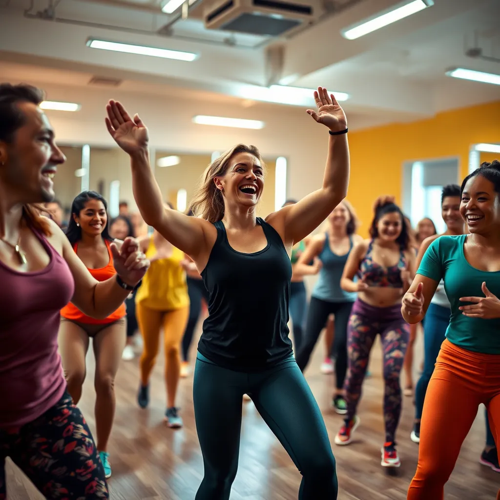 An ultra-detailed image of a diverse group of people participating in a high-energy group fitness class in a brightly lit studio. The instructor is leading the class with enthusiasm, demonstrating a dynamic exercise routine. The participants are all smiling and enjoying the workout, showcasing a sense of community and camaraderie. The image should capture the energy and excitement of the class, with vibrant colors, expressive body language, and a lively atmosphere. The style should be similar to a fitness video advertisement, emphasizing the fun and engaging nature of the class. Render at 8K resolution with realistic lighting and shadows, showcasing the vibrancy of the class.