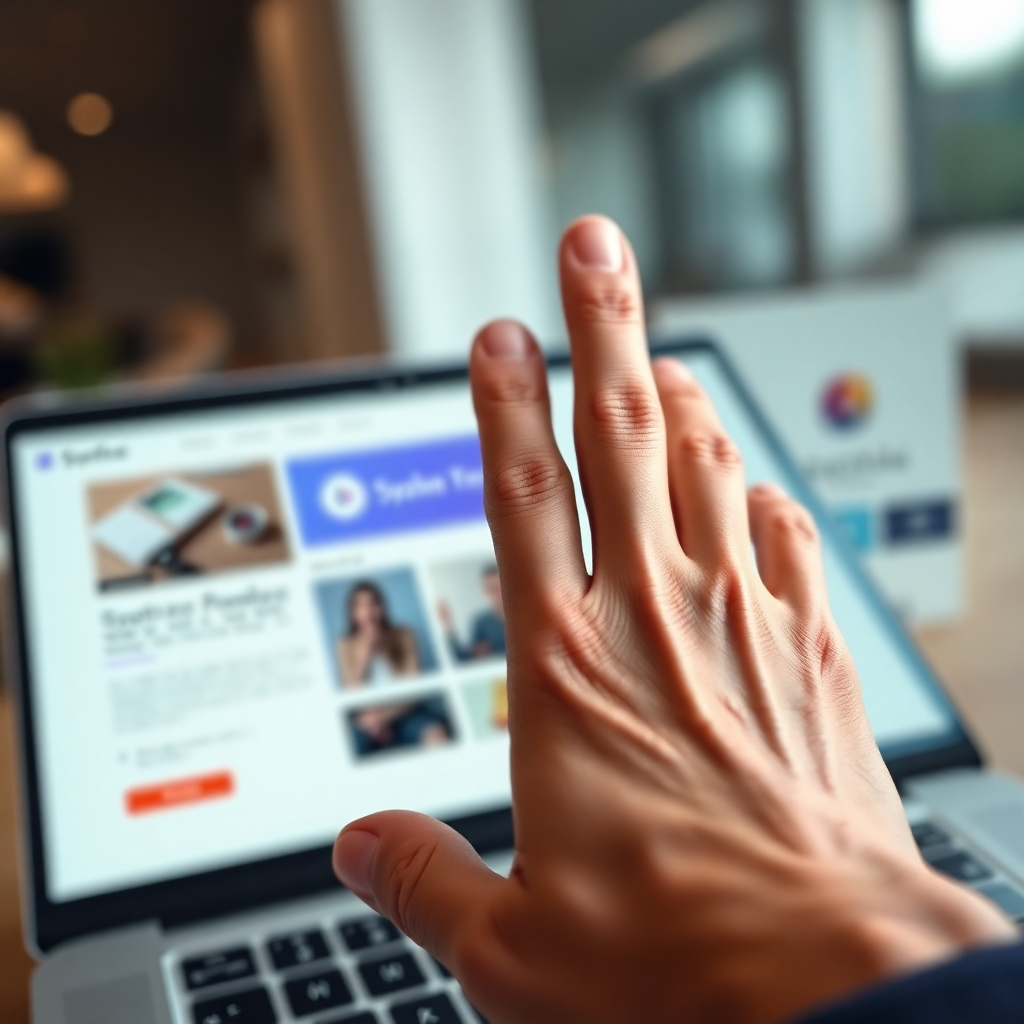 An ultra-high-definition, hyperrealistic close-up shot of a hand effortlessly dragging and dropping elements on a Systeme.io landing page builder interface.  The interface is clean, modern, and intuitive with a vibrant color palette.  The lighting is soft and natural, with subtle highlights emphasizing the interactive elements.  The camera angle is directly above the hand and the interface, providing a clear view of the process. The texture of the fingers, the laptop's smooth surface, and the crispness of the screen are highly detailed.  The background is slightly blurred, with a hint of a modern office environment.  The overall mood is one of ease, creativity, and empowerment. Style reference: a high-end technology product advertisement.  8K resolution, emphasizing texture and realism.