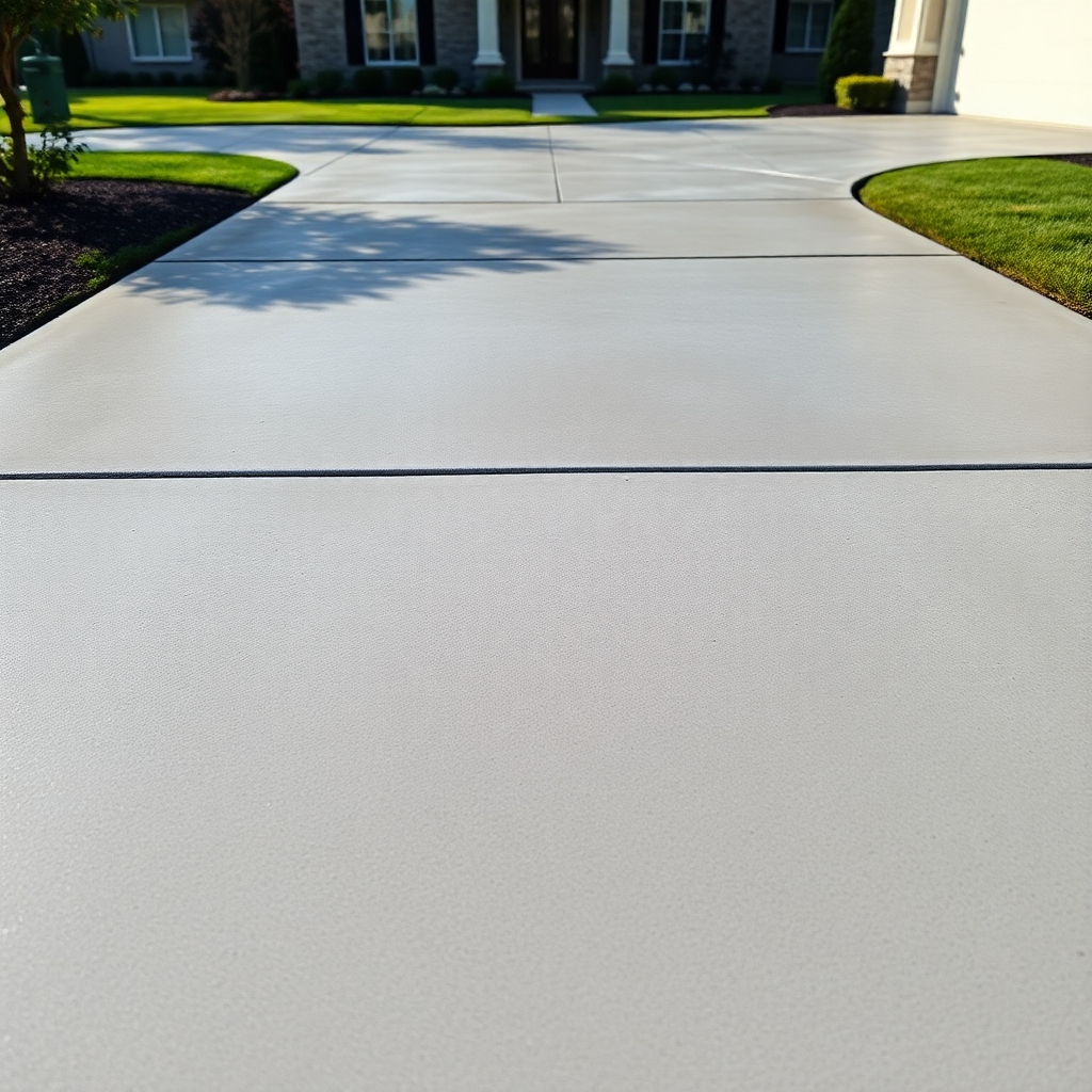 An ultra-high definition, hyperrealistic image showcasing a recently pressure-washed concrete driveway. The concrete is a light gray, exhibiting a smooth, even texture with subtle variations in tone. Dramatic side lighting accentuates the clean lines and highlights the subtle textures of the concrete. The camera angle is slightly elevated, providing a broad view of the driveway.  In the background, a well-maintained suburban home with a neat lawn provides context.  The overall mood is one of tranquility and order.  The image should employ a cool color palette, emphasizing the clean gray of the concrete and the green of the lawn.  The style should be similar to that of a high-end real estate photograph, showcasing the property's cleanliness and appeal.  The image should also contain fine details such as subtle reflections on the wet concrete from the surrounding environment, indicating the recent cleaning. The scene should be rich in fine details, including slight variations in the concrete's texture and the small blades of grass on the surrounding lawn.