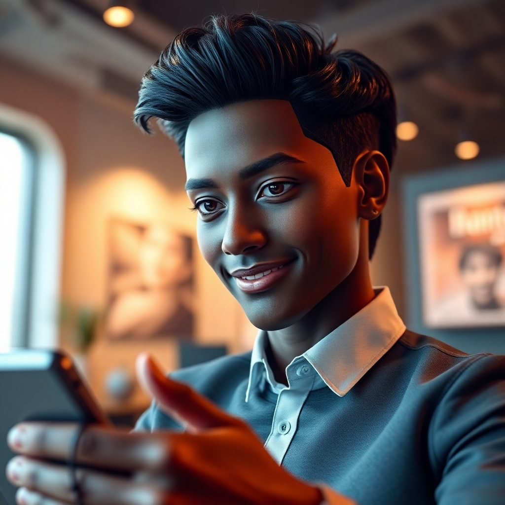An ultra-high-resolution (8K) image depicting a personalized digital human interacting with a customer through a chat interface. The digital human is meticulously detailed, possessing realistic skin texture, expressive eyes, and meticulously styled hair matching the brand's aesthetic. The lighting is soft and warm, creating a welcoming atmosphere. The setting is a stylish, modern office space. The color palette aligns with the client's brand guidelines, conveying professionalism and sophistication. The camera angle is slightly above eye level, creating a sense of intimacy while maintaining professionalism. The background includes subtle brand elements, reinforcing the brand identity. The digital human displays a friendly, helpful expression, while the customer is represented by blurred hands interacting with a sleek device.  Style reference: trending cinematic lighting, emphasizing the realism of the expression and textures. The overall image should exude professionalism, trust, and approachability.