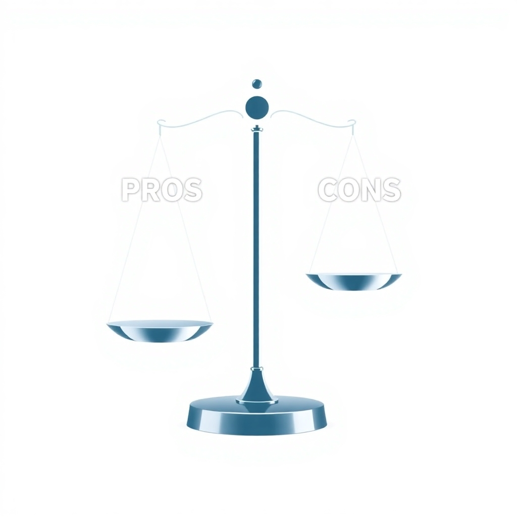 Balanced visual representation, such as a scale showing pros and cons.  Modern, sleek design to maintain professionalism.