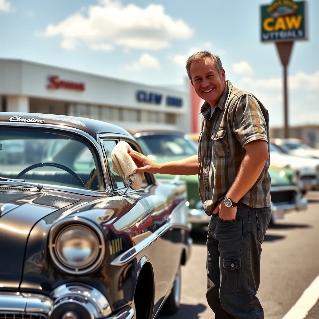 Clay Franks is standing next to a classic car, lovingly cleaning its exterior. He's wearing a casual outfit and has a big smile on his face. The background is a sunny car dealership lot, with other vehicles in the distance.