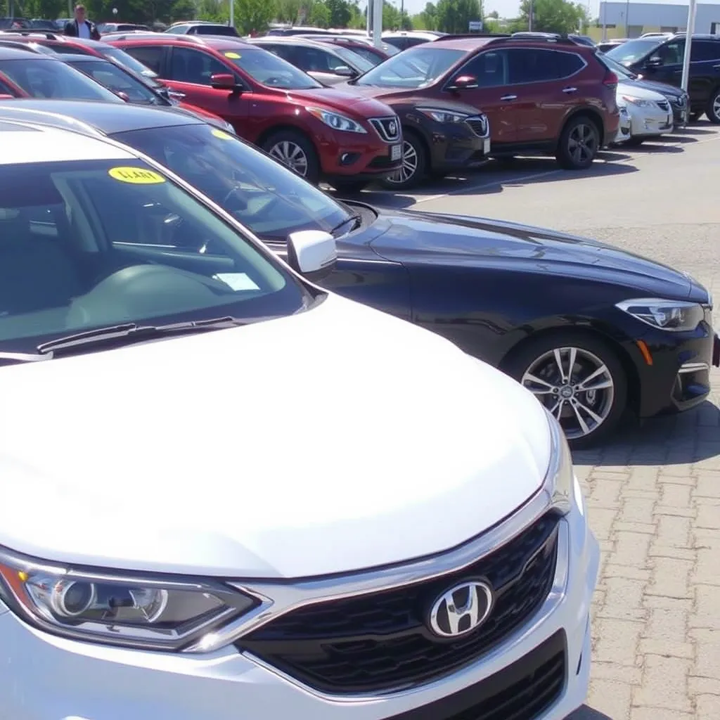 A spacious car dealership lot filled with a variety of new and used vehicles, with Clay Franks standing proudly in the center, smiling and welcoming customers. The background should show a clear, sunny sky and a modern dealership building.