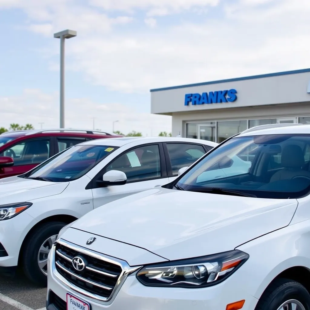 A large, digital display showcasing a selection of vehicles with their prices clearly displayed. Clay Franks stands beside the display, pointing at a specific vehicle and explaining its attractive price point to a customer. The background should be a modern and bright dealership showroom.