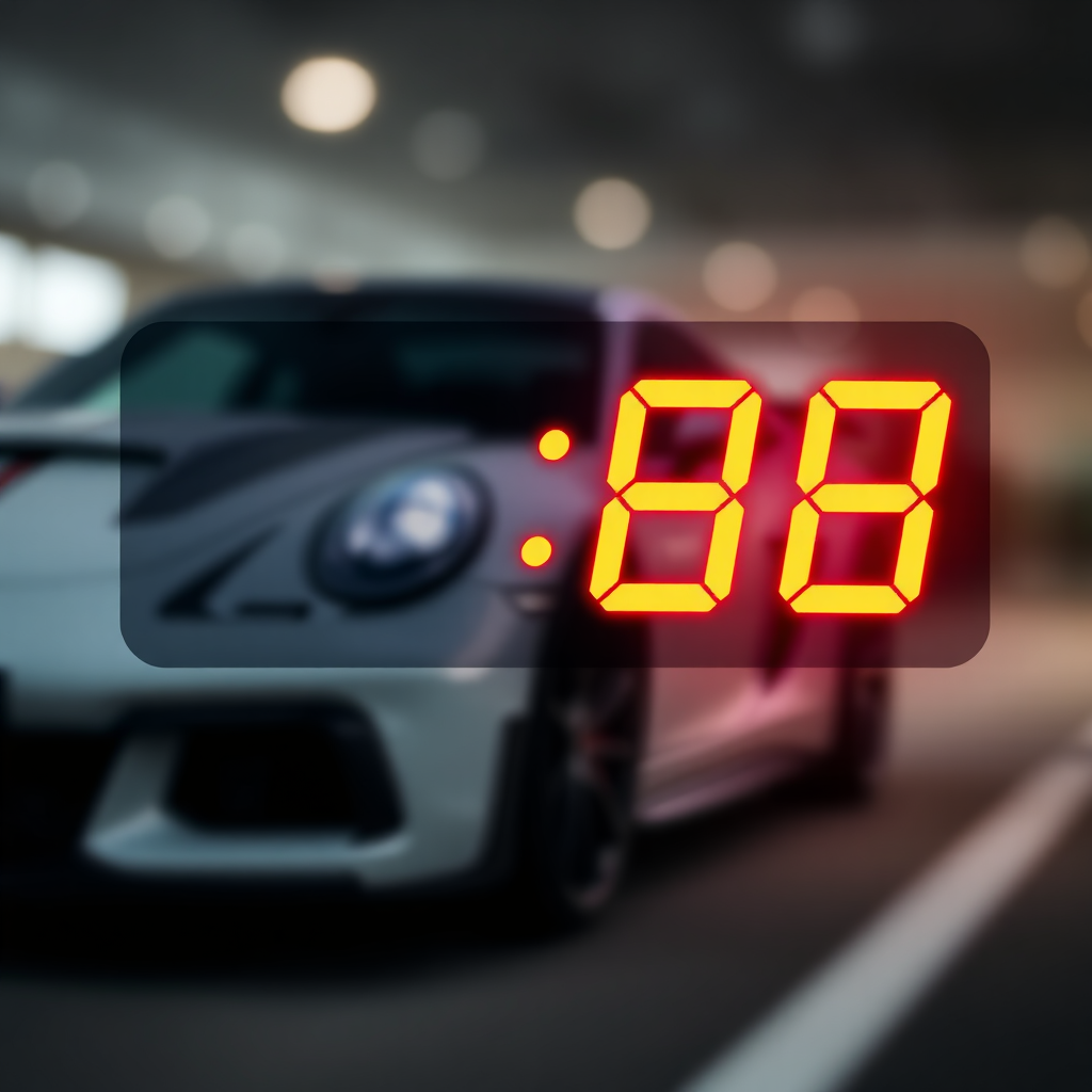 Close-up shot of a digital timer counting down, overlaid on a blurred image of a sports car. Highlight urgency and scarcity.