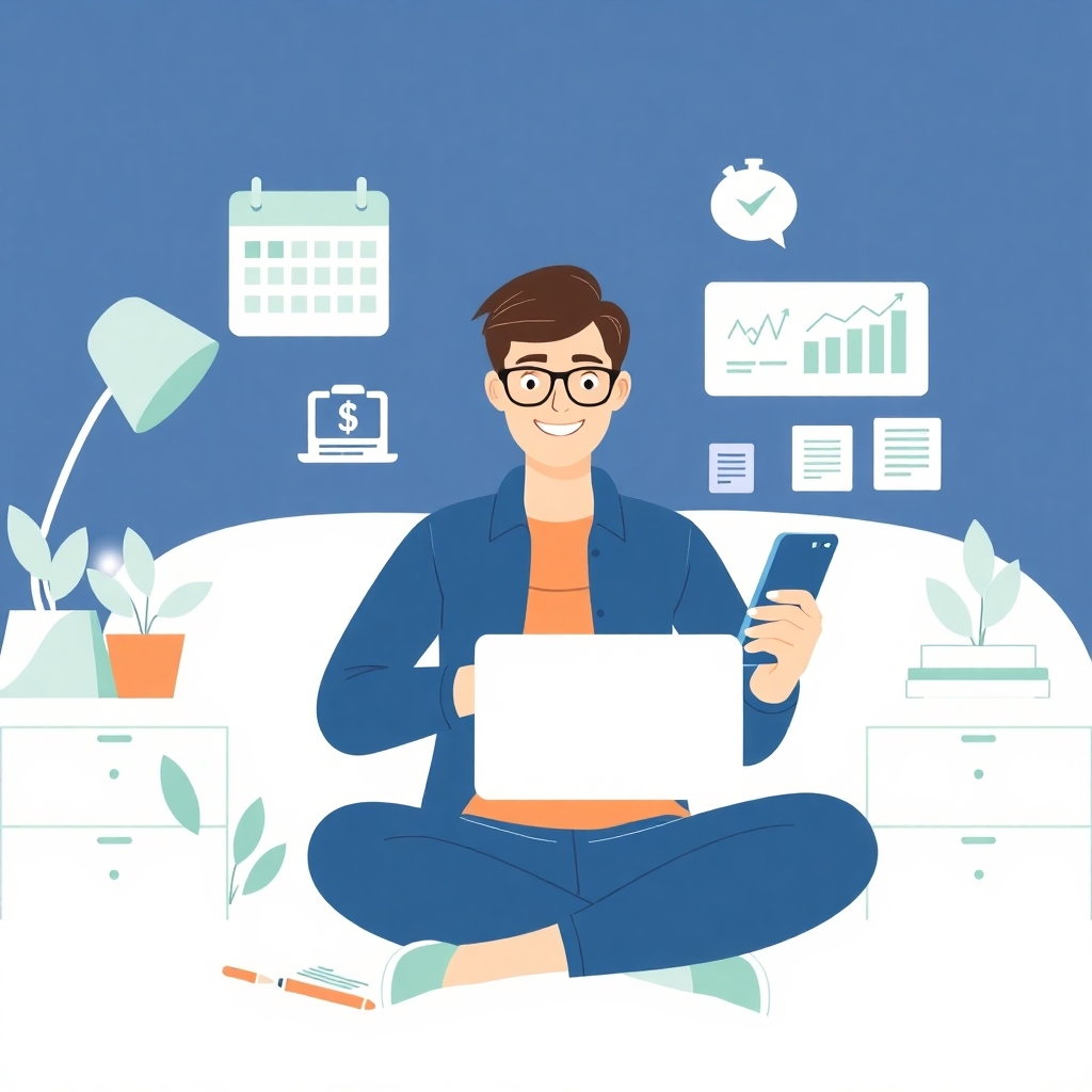 Craft a stylized image that depicts a successful freelancer managing multiple projects seamlessly. Show a person in a comfortable home office setting, using various devices (laptop, tablet, smartphone) to communicate with clients, track deadlines, and manage finances. The background should include elements that symbolize organization and efficiency, such as a calendar, a to-do list, and a project management board. Use a clean and modern design style with a calming color palette of blues, greens, and grays. The overall feeling should be one of control and confidence, conveying the idea of a balanced and productive freelance life.