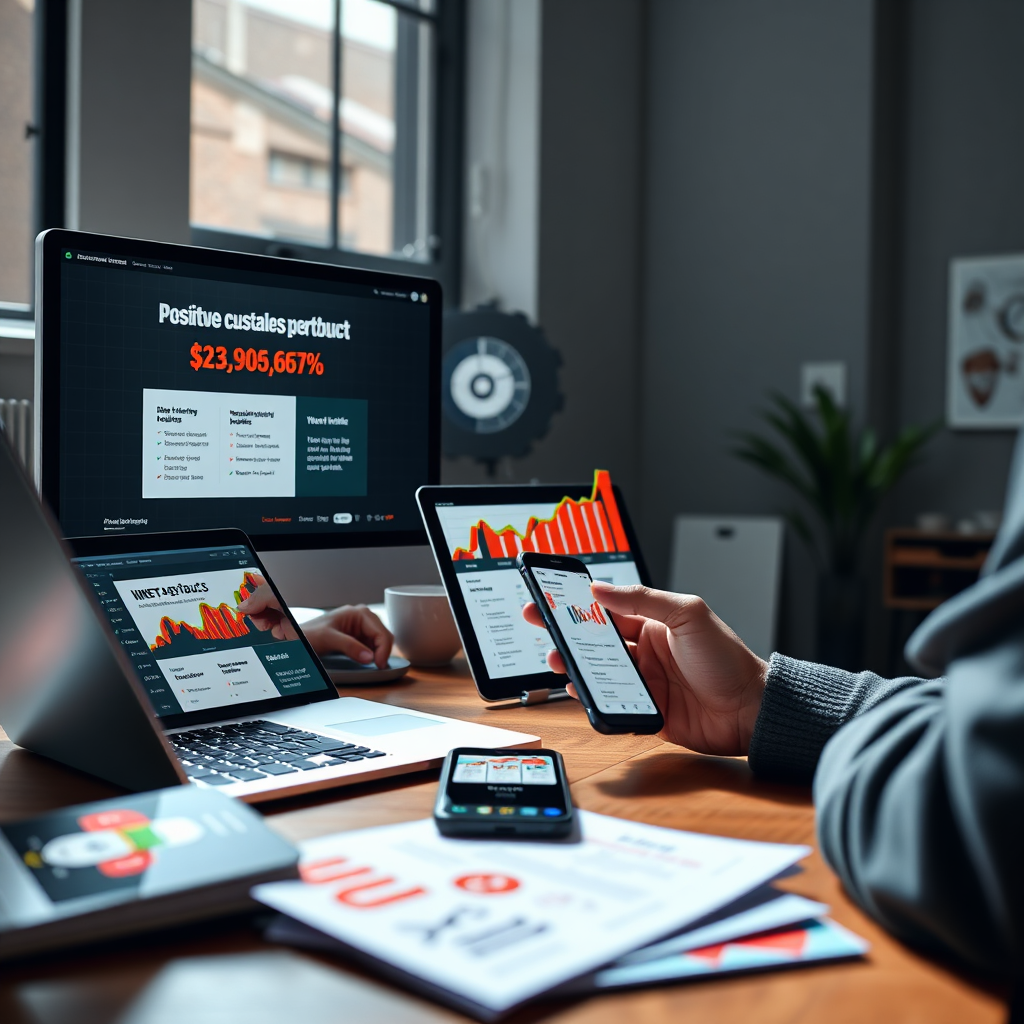 Craft an 8K resolution photorealistic image that depicts marketing and sales growth for a side hustle. Focus on a person reviewing positive customer feedback and increasing sales metrics on multiple devices. The scene includes a mix of online and offline marketing materials. The lighting is bright and energetic. The color palette should be vibrant, utilizing reds and greens for emphasis. The camera angle is a wide shot to capture the positive energy. The style focuses on clear communication and growth. Props include a laptop, tablet, smartphone, and some marketing flyers. The render must be hyperrealistic.