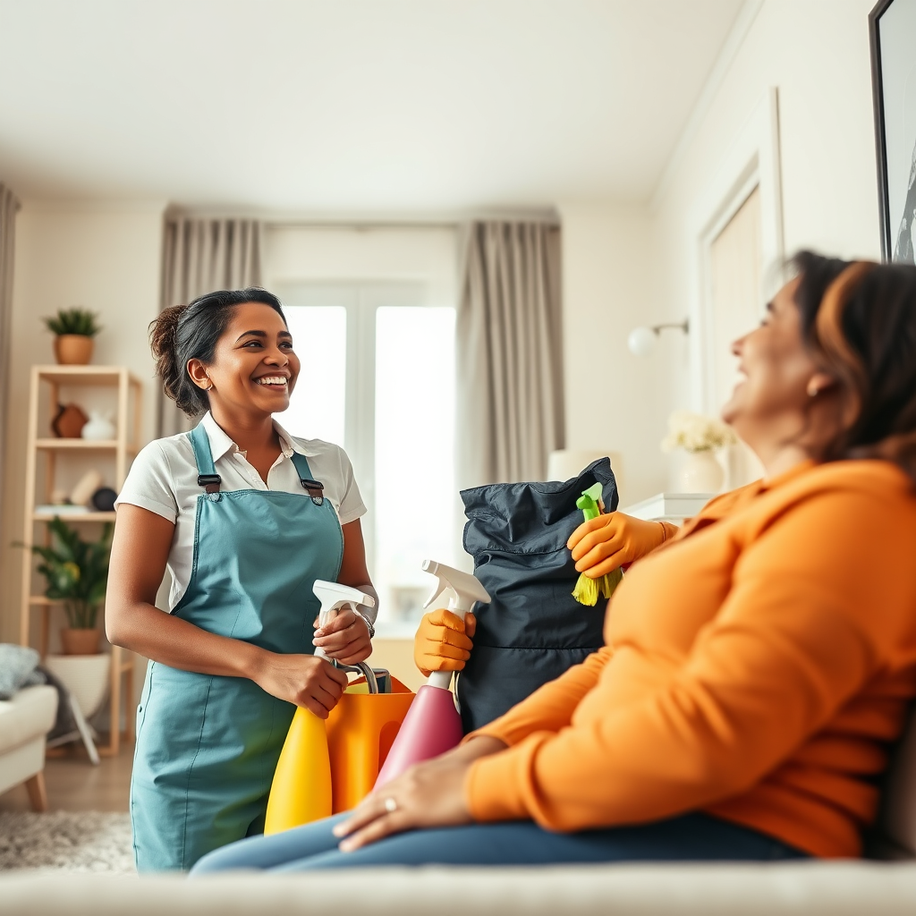 Create a 4K resolution image showing a smiling, friendly cleaning professional, Ms. Gladys, interacting positively with a satisfied client in a beautifully cleaned apartment. The setting should be bright and inviting, with visible signs of cleanliness and order. Ms. Gladys should be holding cleaning supplies discreetly, showing her commitment to quality service. The client should appear relaxed and content. Use a warm color palette to convey trust and reliability. The camera angle should be slightly low to create a sense of approachability. The style should be realistic but with a touch of warmth and optimism, highlighting the human connection and the positive impact of a clean home. Focus on the expressions and body language to convey trust, professionalism, and satisfaction.