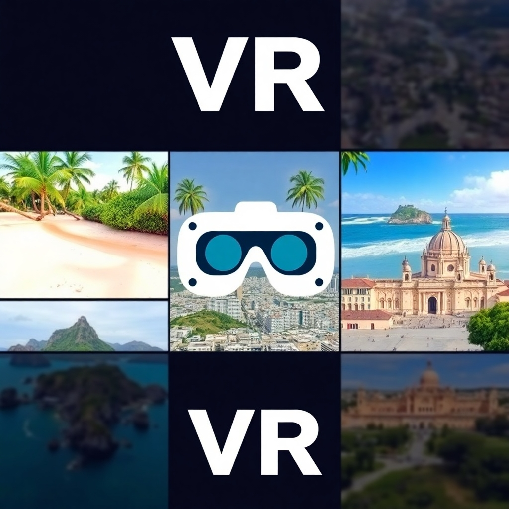 Create a collage-style image showcasing various attractive travel destinations, such as a tropical beach, a bustling city, or a historical landmark, all within the context of the VR experience. Ensure clarity and visually pleasing arrangement.