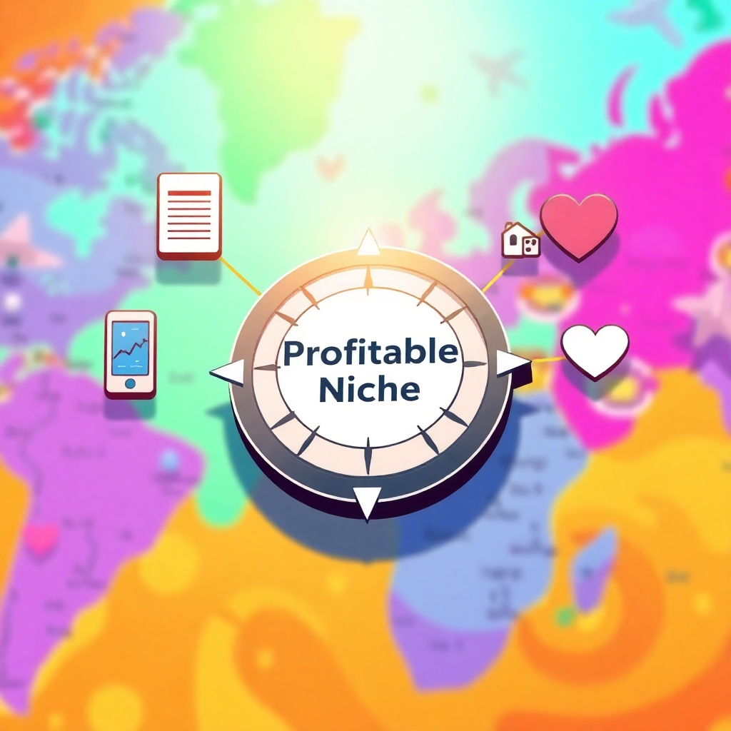 Create a digital illustration. Depict a stylized compass pointing towards a target labeled 'Profitable Niche'. Around the compass, illustrate different niche categories like technology, health, finance, and travel, each represented by relevant icons (e.g., a smartphone for technology, a heart for health). The background should be a vibrant, abstract map representing the vast landscape of online markets. Use bright, contrasting colors to emphasize the different niche categories and the direction towards the 'Profitable Niche' target. The style should be clean, modern, and visually appealing, with a focus on clarity and easy comprehension. The overall composition should evoke a sense of exploration, discovery, and strategic targeting. Render in high resolution, paying attention to the details of the icons and the vibrant colors of the map. The image should feel optimistic and encourage the viewer to explore different niche opportunities.