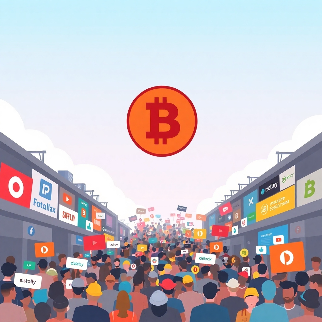 Create a digital illustration of a strong, recognizable brand symbol rising above a crowded marketplace. The brand symbol can be abstract but should convey trust and authority. The marketplace should be filled with generic logos and symbols, representing the competition. The background is a bright, clear sky, symbolizing a clear path to success. Use contrasting colors to emphasize the brand symbol and its prominence. The style should be clean, modern, and visually appealing, emphasizing the importance of brand building for long-term affiliate marketing success. Render in high resolution, paying attention to the details of the brand symbol and the chaotic energy of the marketplace. The image should feel empowering and convey a sense of differentiation and leadership.
