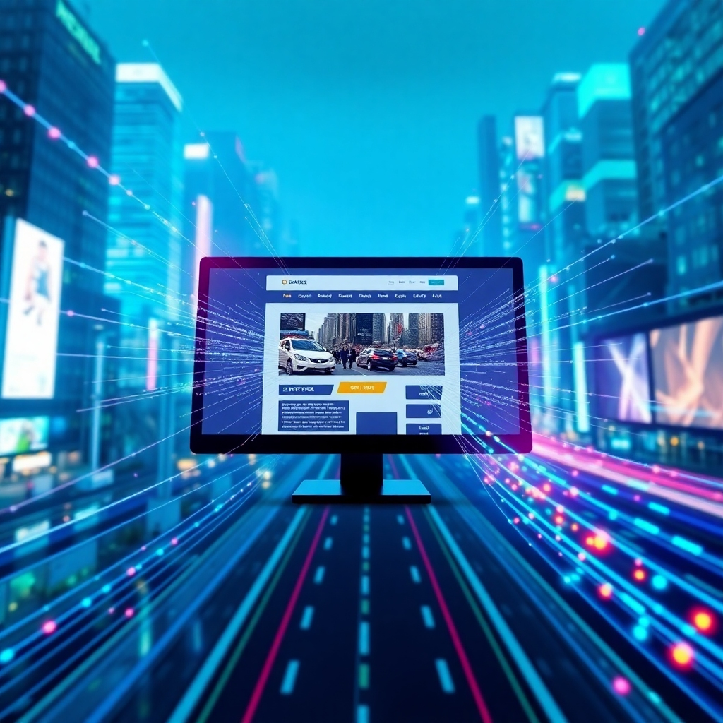 Create a dynamic, photorealistic image illustrating traffic flow towards a website. The central element is a computer screen displaying a website homepage with a prominent call-to-action button. Surrounding the screen, depict streams of digital data representing online traffic converging towards the website. These streams should be visually distinct, using different colors and patterns to represent various traffic sources like social media, search engines, and email marketing. The background is a futuristic cityscape with glowing skyscrapers and digital billboards. The camera angle should be slightly elevated, looking down at the computer screen and the converging traffic streams. Use a vibrant color palette with blues, greens, and purples to represent the flow of data. The style should be modern, energetic, and visually engaging, emphasizing the importance of traffic generation for affiliate marketing success. Render in 8K resolution with hyperrealistic details, paying attention to the lighting and the flow of digital data. The image should convey a sense of momentum, connectivity, and conversion.