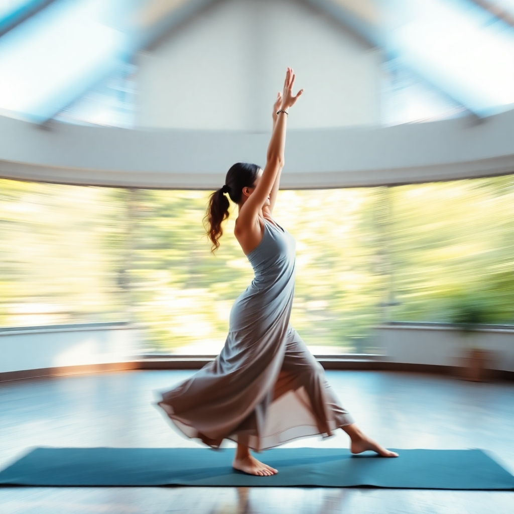 Create a dynamic, photorealistic image of a person performing a Vinyasa yoga flow.  Use motion blur to suggest the flow of movement. The setting could be a vibrant studio or a peaceful outdoor space.