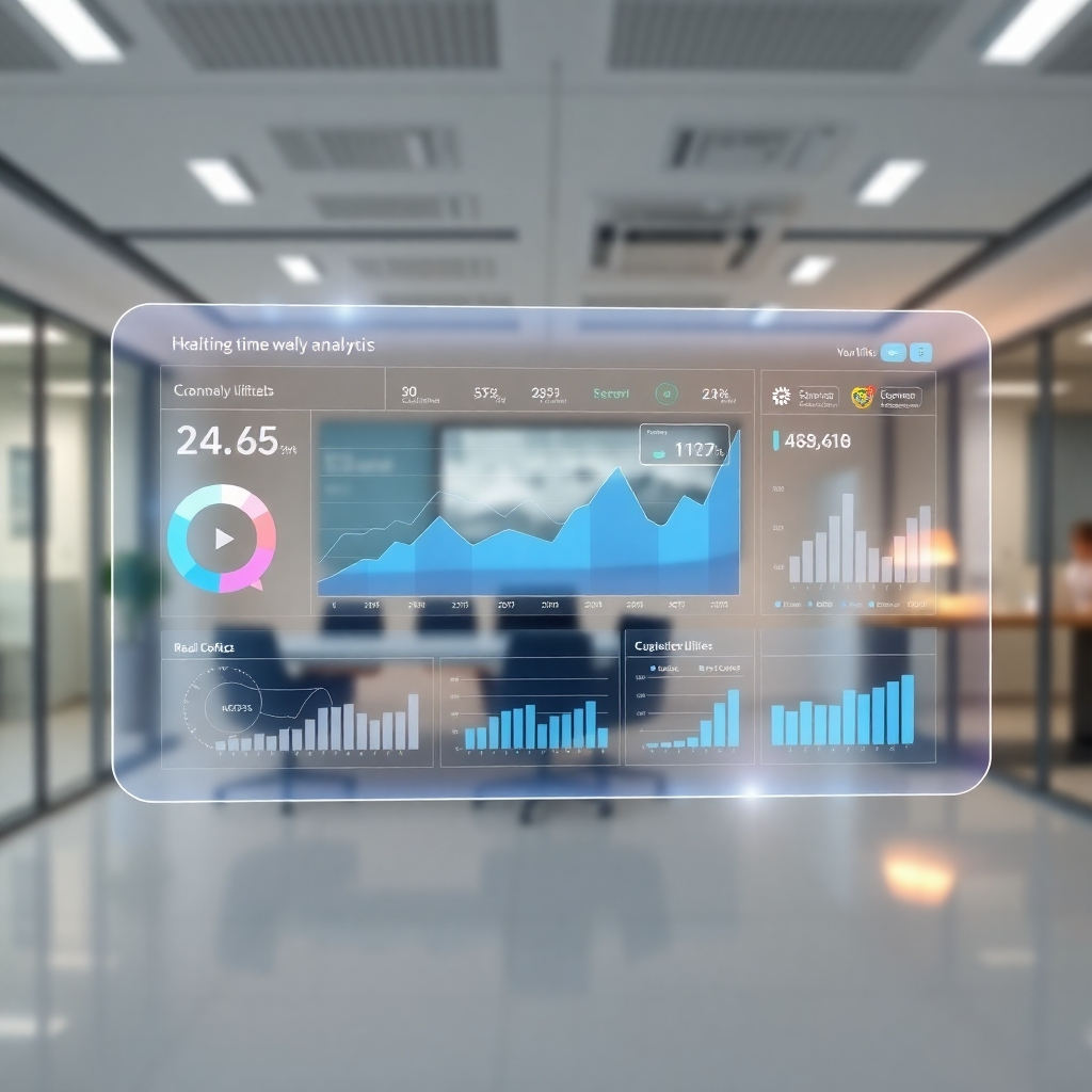 Create a futuristic image of a dashboard displaying real-time marketing data and analytics. The dashboard should be holographic and transparent, with graphs and charts that dynamically update. The background should be a clean, modern office environment.