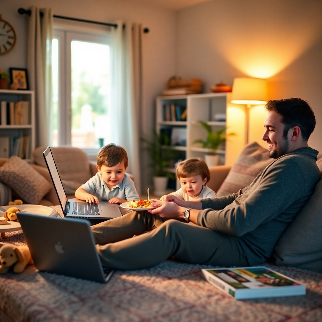 Create a heartwarming image depicting a person working from home while also enjoying quality time with their family. Show a parent working on a laptop while also playing with their child or enjoying a meal together. The background should be warm and inviting, with elements that symbolize family and leisure, such as toys, books, and comfortable furniture. Use a soft and natural color palette with warm lighting. The overall feeling should be one of happiness, connection, and balance. The style should be similar to lifestyle photography, emphasizing authenticity and emotion.