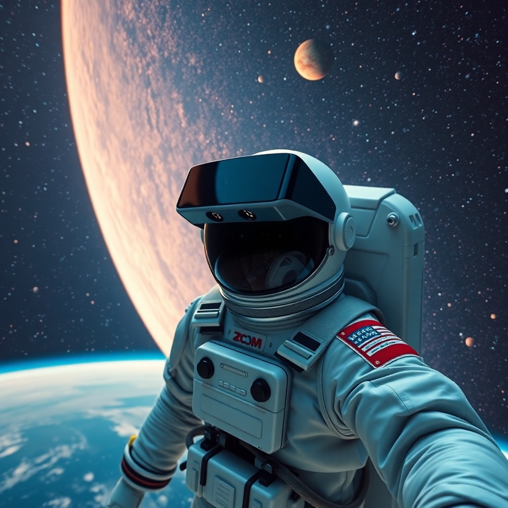 Create a high-resolution, photorealistic image of a user experiencing a virtual reality spacewalk. Ensure the image demonstrates high fidelity details like the astronaut's equipment and the detailed textures of the stars and planets. The focus must be on the scale and wonder of space travel.