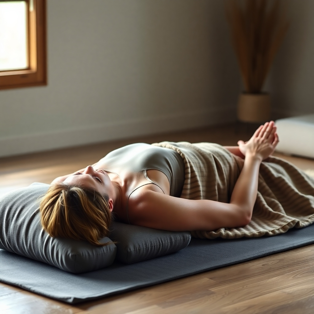 Create a peaceful, photorealistic image of a person in a restorative yoga pose, using props such as bolsters and blankets. Emphasize the feeling of comfort and relaxation.