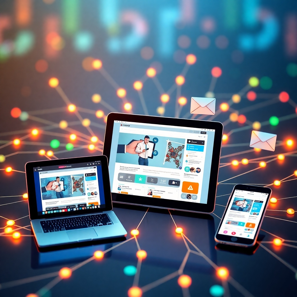 Create a photorealistic, 8K image of a digital marketing campaign launch for an online course. The visual should include various interconnected devices (laptop, tablet, smartphone) displaying ads, social media posts, and email campaigns promoting the course. The devices are surrounded by glowing lines of data and network connections, symbolizing the reach and interconnectedness of online marketing. The color palette is vibrant and energetic, with an emphasis on blues, greens, and oranges. The style is sleek and modern, conveying a sense of innovation and effectiveness. The composition should clearly demonstrate how digital marketing strategies can successfully promote and sell online courses.
