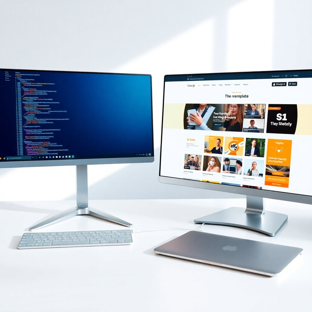 Create a photorealistic, ultra-high definition (8K resolution) header image depicting a split screen comparison of website development methods.  On the left, showcase a sleek, modern website interface built from scratch, radiating professionalism and unique design.  The code is subtly visible on a monitor, hinting at custom development. Use a cool, calming color palette with blues and greens, creating a sophisticated atmosphere.  On the right, display a vibrant website built using a pre-made template, highlighting speed and ease of use.  The interface should showcase various customizable elements. This side should feature a warm, inviting color palette with oranges and yellows.  Both sides should feature similar content, such as an online store or blog, for effective comparison.  Light the scene with soft, diffused natural light, evoking a sense of clarity and understanding.  The camera angle should be a slight high-angle shot, looking down at both screens, enhancing viewer engagement.  The screens should be positioned on a clean, minimalist white desk with subtle wood grain texture.  Incorporate elements of technology, such as sleek keyboards and a modern laptop, to maintain a high-tech aesthetic.  The overall mood should be informative and reassuring, providing a sense of confidence to the viewer.  The style should be clean, modern, and photorealistic, similar to high-end technology advertisements, aiming for a hyperrealistic rendering.  Include subtle reflections on the screens and a slight depth of field for a professional finish. The background should be intentionally blurred to maintain the focus on the website interfaces.  The overall style should draw inspiration from Apple and Google's marketing imagery., ultra high resolution, photorealistic, 8K, hyperdetailed, cinematic lighting