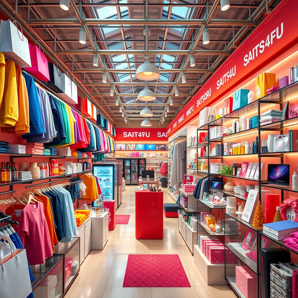 Create a photorealistic, ultra-high quality header image for SAITS4U Online E-Commerce Store. The image should depict a vibrant, modern marketplace filled with a diverse array of products. Capture a sense of excitement and discovery with a wide shot featuring various product categories, including fashion, electronics, home goods, and beauty essentials.  The image should be bathed in warm, natural lighting that highlights the textures and details of the products. The color palette should be bright and inviting, showcasing a wide spectrum of colors.  A high camera angle and perspective should create a sense of depth and grandeur.  Textures and materials should be rendered realistically, from the soft folds of clothing to the sleek surfaces of electronics.  Include environmental elements such as stylized shelves, displays, and background elements that convey a contemporary e-commerce aesthetic.  Incorporate relevant props such as shopping bags, gift boxes, and decorative elements to enhance the visual appeal.  The style should be reminiscent of high-end online retailers, showcasing a premium and sophisticated look.  The image should be rendered in 8K resolution and exhibit hyperrealistic detail, capturing the vibrancy and richness of the products and environment., ultra high resolution, photorealistic, 8K, hyperdetailed, cinematic lighting