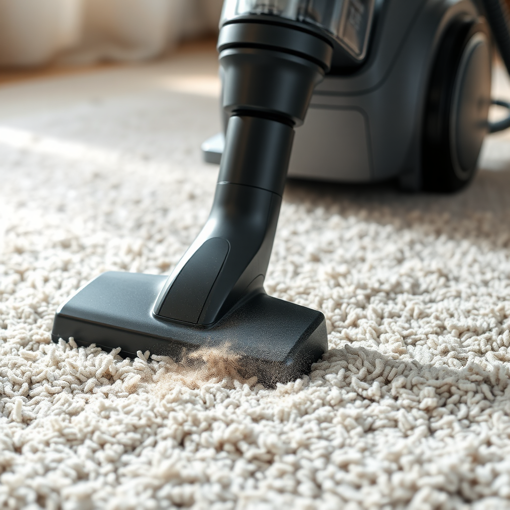 Create a photorealistic close-up image of a high-end vacuum cleaner with strong suction cleaning a plush rug, illustrating the removal of dust and dirt particles. Lighting should highlight the cleaning power and detailed texture of the rug.