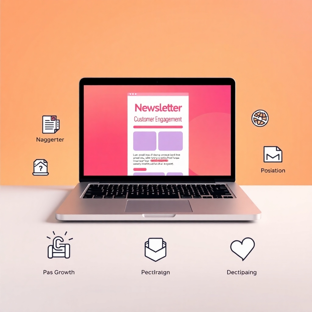 Create a photorealistic image of an open laptop displaying a vibrant email newsletter on the screen. Surrounding the laptop are several stylized icons representing customer engagement, sales growth, and positive feedback. The background should be a soft gradient of warm colors.