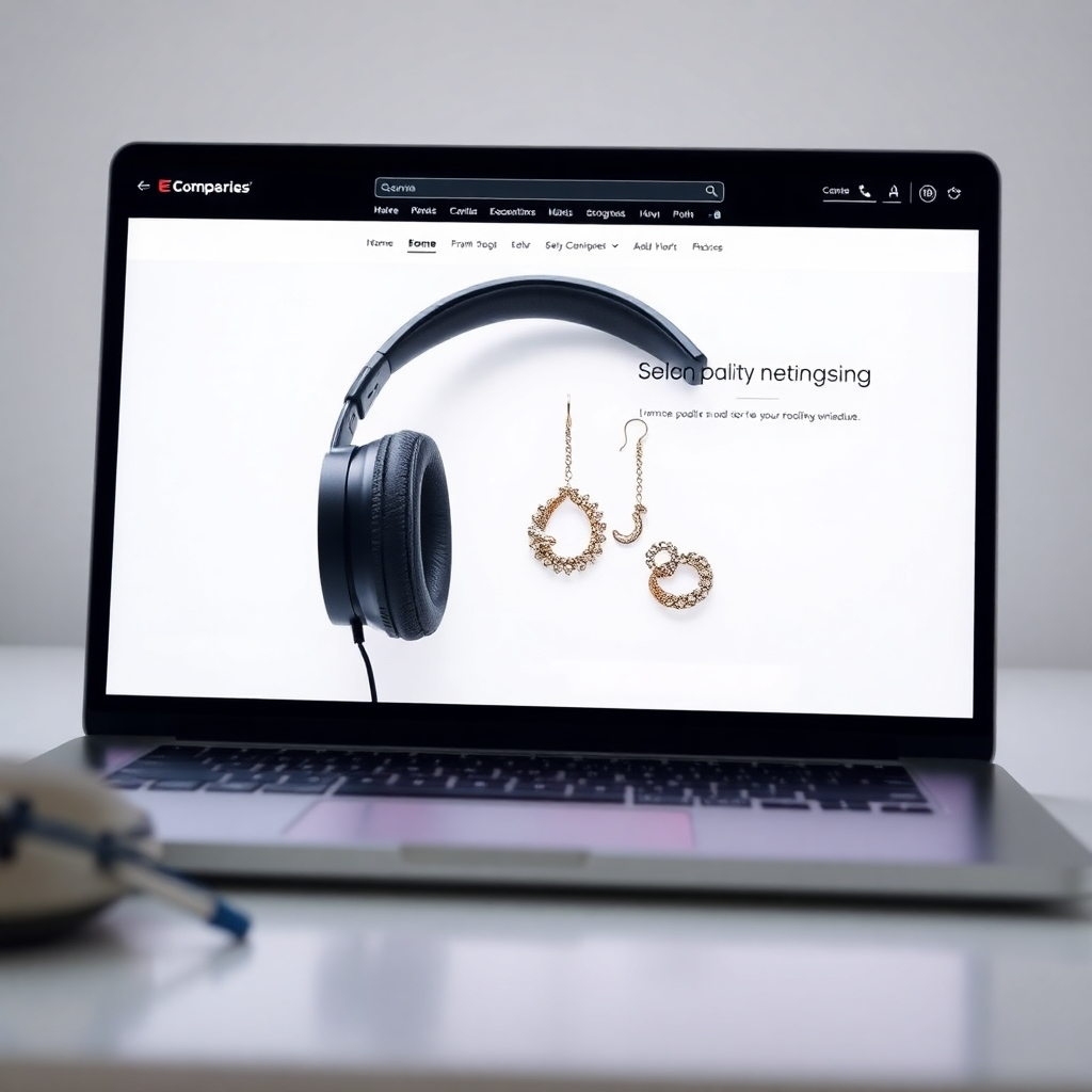 Create a photorealistic image of a sleek and modern e-commerce website interface. Focus on a product page featuring a high-quality product image (e.g., stylish headphones or handcrafted jewelry). Display clear call-to-action buttons (e.g., 'Add to Cart,' 'Buy Now'). The background should be clean and minimalist, drawing the viewer's attention to the product and the user-friendly interface. Use a bright and inviting color palette with professional typography. The composition should be balanced and visually appealing, showcasing the ease and convenience of online shopping. The lighting should be soft and diffused, highlighting the details of the product and the website design. The style should be similar to high-end tech and fashion advertising, emphasizing sophistication and user experience. Capture the feeling of seamless online transactions and customer satisfaction.