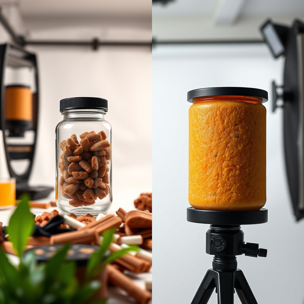Create a photorealistic image showing two different approaches to product photography. On the left side, a poorly lit, low-resolution image of a product on a cluttered background. On the right side, a professionally lit, high-resolution image of the same product on a clean, white background. The difference in quality should be immediately apparent. Emphasize details, textures, and colors. The background could include subtle studio lighting equipment. Style: Clean, professional, highlighting the importance of high-quality visuals. Camera angle: Close-up, focusing on the details of the product and the differences in image quality. Technical: Ultra-high resolution, showcasing the texture and clarity of the product images.