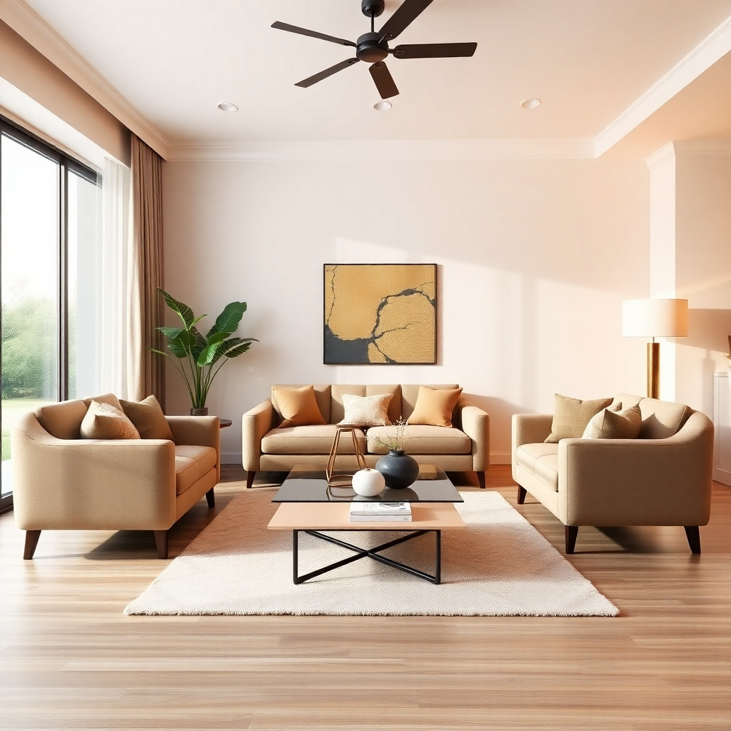 Create a photorealistic image of a living room featuring a plush, comfortable sofa and armchair set, along with a modern coffee table. The furniture should be stylish and inviting, showcasing high-quality materials and craftsmanship.  Use warm, natural lighting to create a cozy atmosphere.