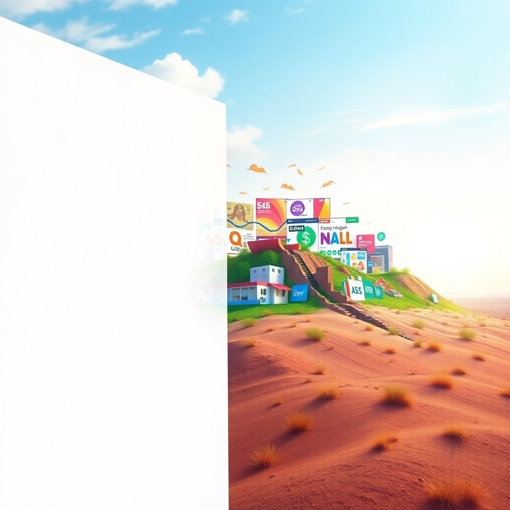 Create a photorealistic image of a blank canvas transforming into a vibrant, colorful landscape representing the journey from zero to profit in affiliate marketing. The left side of the canvas should be empty and white, symbolizing the starting point. As the eye moves to the right, the canvas gradually fills with elements representing affiliate marketing, such as website designs, product images, and income graphs. The background is a bright, optimistic sky. The camera angle should be slightly wide, capturing the entire canvas. Use a progression of colors from muted to vibrant to emphasize the transformation. The style should be inspiring, emphasizing the potential for anyone to achieve success with affiliate marketing. Render in 8K resolution with hyperrealistic details, paying attention to the texture of the canvas and the details of the emerging landscape. The image should convey a sense of hope, possibility, and achievement.