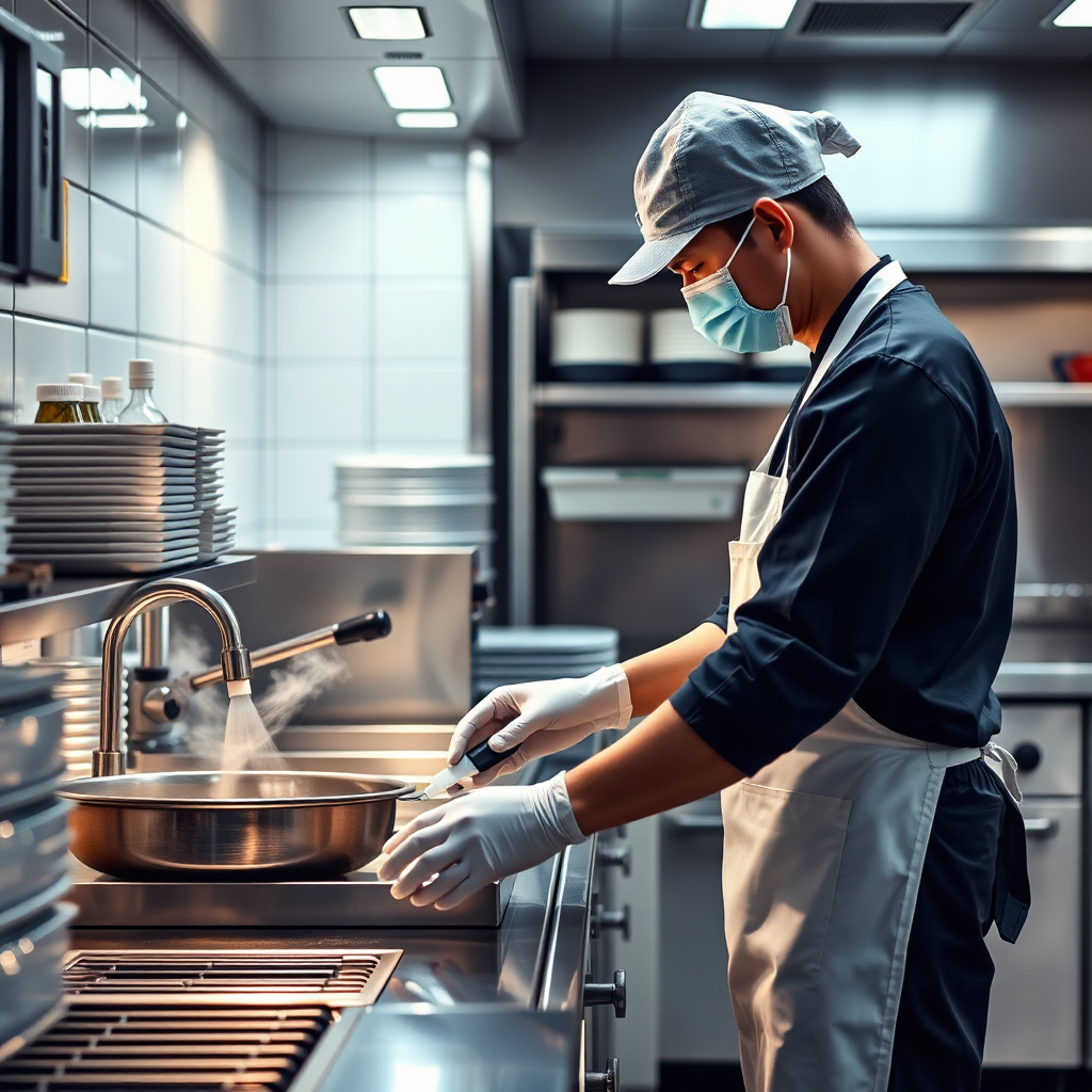 Create a photorealistic image of a modern kitchen being thoroughly sanitized. Show a professional using sanitizing equipment and focusing on high-touch surfaces. Highlight the equipment with subtle lighting effects.