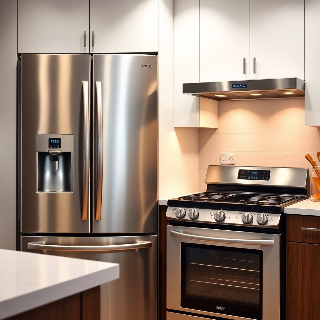 Create a photorealistic image of a modern kitchen featuring a sleek, stainless steel refrigerator and a stylish oven range, both with visible brand logos. The lighting should be bright and warm, and the scene should feel clean and inviting. Focus on the quality and appeal of the appliances.