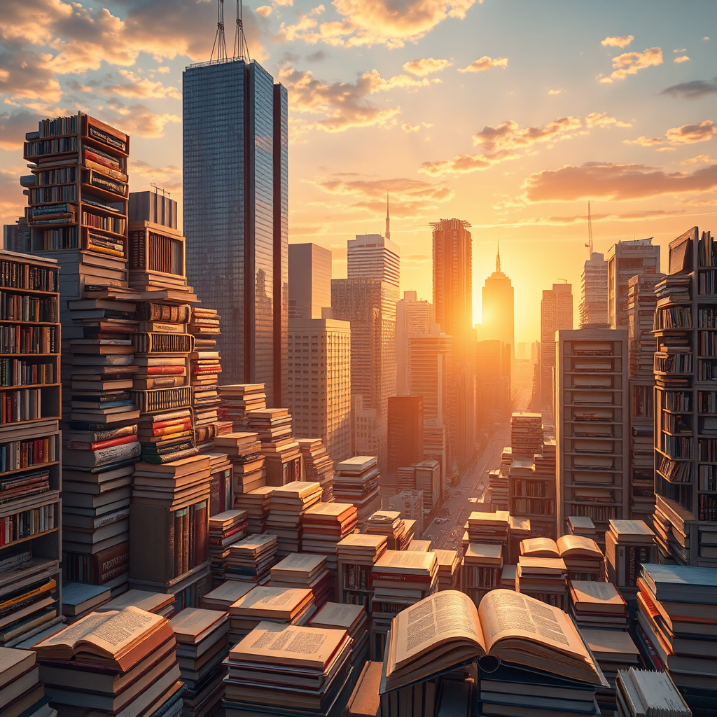 Create a photorealistic image showing a cityscape made entirely of e-books. The buildings are shaped like books of different sizes and styles, symbolizing a thriving digital publishing industry. The scene is bathed in the warm glow of sunset, creating a sense of optimism and opportunity. The camera angle is a wide shot, capturing the scale and grandeur of the "e-book empire."