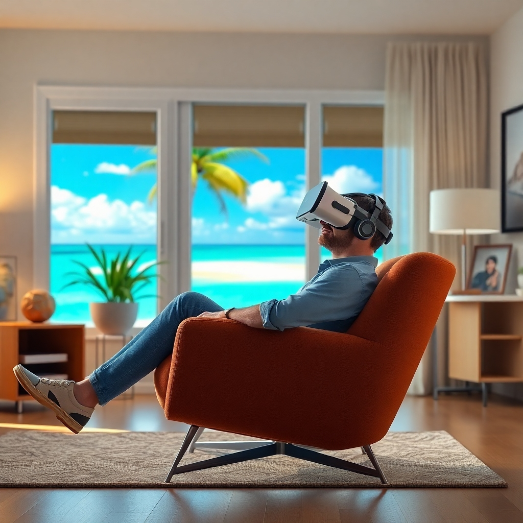 Create a photorealistic image showcasing a person comfortably seated in a modern armchair, wearing a VR headset and visibly enjoying a vibrant, tropical beach scene in the headset. The room should be bright and airy, suggesting relaxation and comfort. Focus on the contrast between the calm home environment and the exciting virtual destination. Aim for a hyperrealistic style, with attention to texture and lighting.