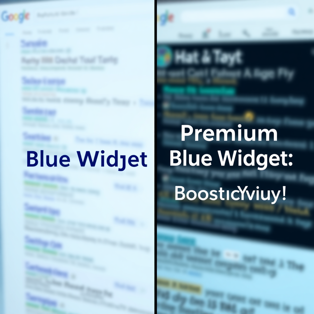 Create a photorealistic image of a split-screen showcasing two product titles. On the left, a generic, unoptimized title like 'Blue Widget'. On the right, a compelling, keyword-rich title like 'Premium Blue Widget: Boost Your Productivity!'. The background is a blurred representation of search engine results pages. Focus on the visual impact of the text, using different font weights and sizes to emphasize key elements. Lighting should be focused on the titles, making them the clear focal point. Style: clean, modern design with a subtle hint of e-commerce aesthetics. The image should convey the power of effective copywriting in driving clicks and conversions. Technical: High resolution, showcasing the details of the text and the subtle differences between the two titles. Camera angle: Head-on, focusing directly on the text.