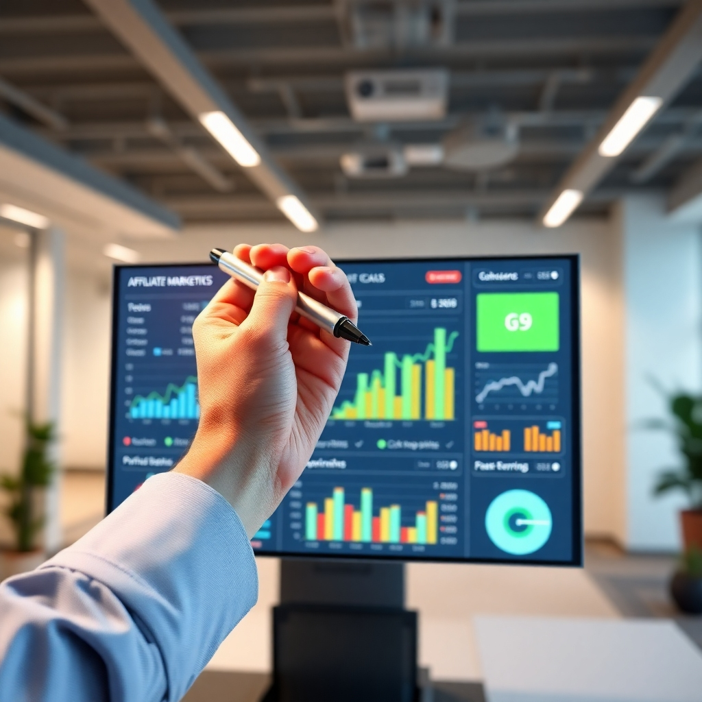 Create a photorealistic image of a dashboard displaying affiliate marketing performance metrics. The dashboard should feature graphs, charts, and key performance indicators (KPIs) like conversion rates, click-through rates, and earnings per click. A hand hovers over the dashboard, using a digital pen to analyze the data. The background is a clean, modern office environment with soft lighting. The camera angle should be slightly elevated, focusing on the dashboard and the hand's interaction. Use a color palette of blues, greens, and grays to represent data analysis and optimization. The style should be professional and analytical, emphasizing the importance of data-driven decision-making for affiliate marketing success. Render in 8K resolution with hyperrealistic details, paying attention to the texture of the screen and the details of the data visualizations. The image should convey a sense of control, precision, and improvement.