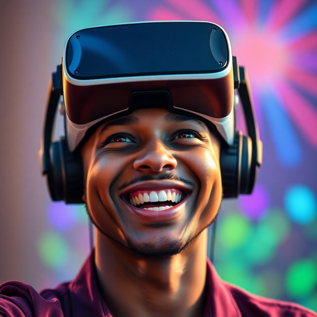 Create a photorealistic image of a person wearing a VR headset, with focus on the user's facial expressions showcasing genuine joy and wonder, experiencing a vibrant, immersive environment. High-quality rendering of light, shadow, and reflections, suggesting the intensity of the VR experience.