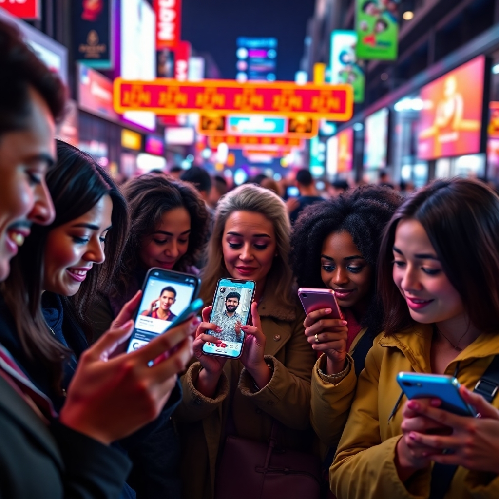 Create a photorealistic image showing a diverse group of people actively engaging with social media content on their smartphones. The content includes polls, quizzes, and live video streams, with users reacting and commenting in real-time. The lighting is dynamic and colorful, reflecting the energy and excitement of social media. The color palette is vibrant and diverse, representing the wide range of content and user interactions. The camera angle is close-up, focusing on the smartphones and the expressions of the users. The environment is a bustling urban setting, with people connecting and interacting through social media. Technical specs: 8K resolution, hyperrealistic rendering.