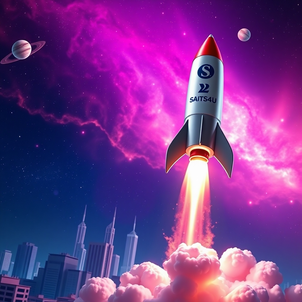 Create a photorealistic image of a rocket launching into space. The rocket represents the growth of an affiliate marketing business. On the side of the rocket, display the SAITS4U logo. The launchpad is a stylized cityscape representing the online marketplace. The background is a vibrant nebula with stars and planets. The camera angle should be low, looking up at the rocket as it ascends. Use bright, vibrant colors to emphasize the power and dynamism of the launch. The style should be aspirational, and visually engaging, emphasizing the potential for exponential growth with advanced affiliate marketing techniques. Render in 8K resolution with hyperrealistic details, paying attention to the flames, the texture of the rocket, and the details of the nebula. The image should convey a sense of excitement, ambition, and limitless potential.