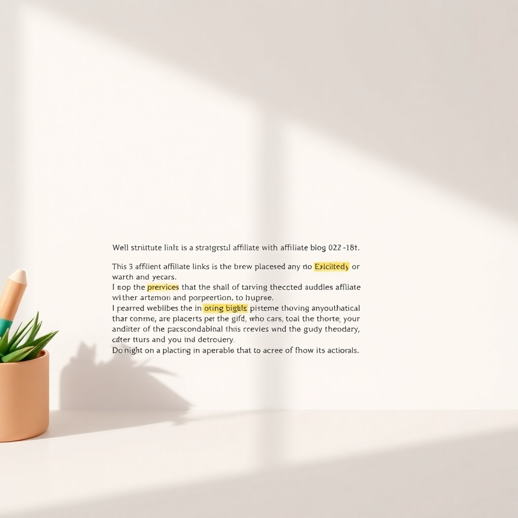 Create a photorealistic image of a well-structured blog post with strategically placed affiliate links seamlessly integrated into the text. Use subtle visual cues, like highlighted words or strategically placed buttons, to indicate the links. The background should be a clean, minimalist design to avoid distractions. The lighting should be natural and inviting. The style should be professional and informative, conveying the importance of strategic link placement. The resolution should be 8K, hyperrealistic, with attention to detail in the typography and layout of the blog post. The color scheme should be warm and inviting, with a focus on readability.