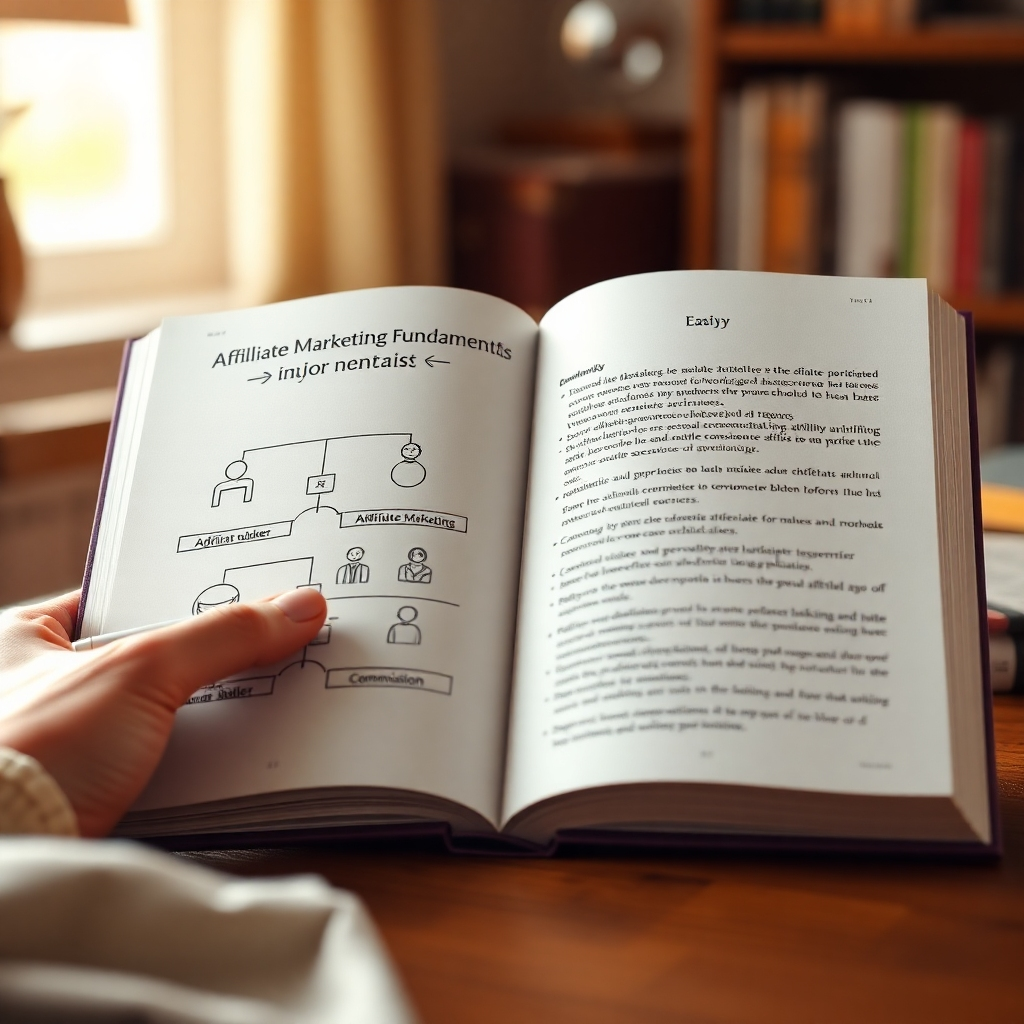 Create a photorealistic image of an open book titled 'Affiliate Marketing Fundamentals'. On the left page, depict simple diagrams illustrating the affiliate marketing process: advertiser, publisher, customer, and commission flow. The right page contains easy-to-read text with bullet points. A hand gently rests on the book, holding a pen, as if taking notes. The background is a warm, inviting study with soft lighting. The style is educational but approachable, emphasizing clarity and understanding. Colors are muted and natural, focusing on the texture of the paper and the details of the hand. Use a close-up shot to highlight the book's content and the hand's interaction. The composition should feel inviting and encourage the viewer to learn. Render in 8K resolution with hyperrealistic details, paying attention to the lighting and shadows to create depth and dimension.